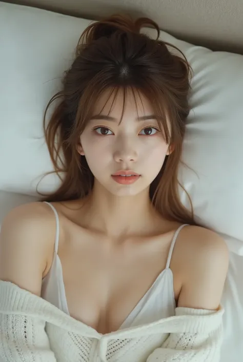 nsfw, ((   Sexy Women )), (  masterpiece), (Hi-Res 8K), (( woman lying On bed,    from above, On)),        Japanese girl , Early 20s,    full body, (from frOnt,    from above, On),, (pOnytail, On),(   Sensual expression ) , (slender,   medium chest,   Symm...