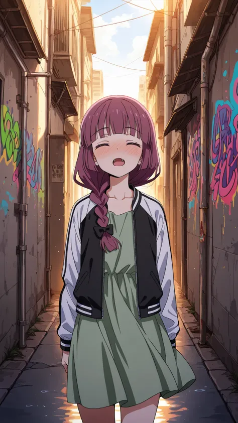 BREAK (masterpiece:1.2),highly detailed realistic anime background, narrow urban alley, daylight scene with wet reflective asphalt, colorful graffiti on concrete walls, small puddles with bright sky reflections, metallic pipes and vents, warm sunlight brea...