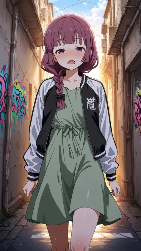 BREAK (masterpiece:1.2),highly detailed realistic anime background, narrow urban alley, daylight scene with wet reflective asphalt, colorful graffiti on concrete walls, small puddles with bright sky reflections, metallic pipes and vents, warm sunlight brea...