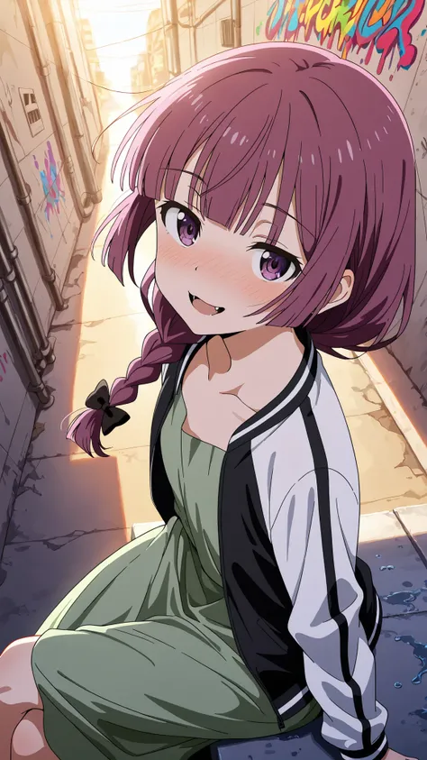 BREAK (masterpiece:1.2),highly detailed realistic anime background, narrow urban alley, daylight scene with wet reflective asphalt, colorful graffiti on concrete walls, small puddles with bright sky reflections, metallic pipes and vents, warm sunlight brea...