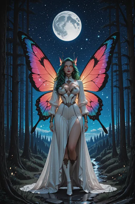 aidmaMJ6.1,x3rno1a,,a picture of an exquisite beautiful female fairy standing under the starry night sky at the forest, ultra detailed face, ultra feminine, fare skin, green hair, wavy hair, dynamic eyes color, glowing eyes, intense eyes, red lips, wearing...