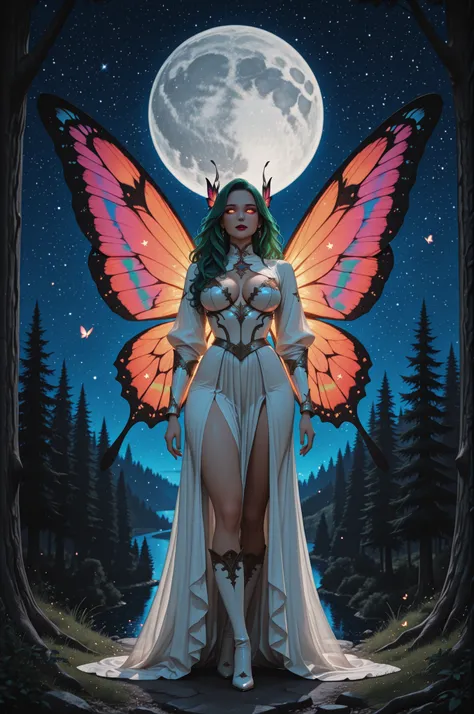 aidmaMJ6.1,x3rno1a,,a picture of an exquisite beautiful female fairy standing under the starry night sky at the forest, ultra detailed face, ultra feminine, fare skin, green hair, wavy hair, dynamic eyes color, glowing eyes, intense eyes, red lips, wearing...