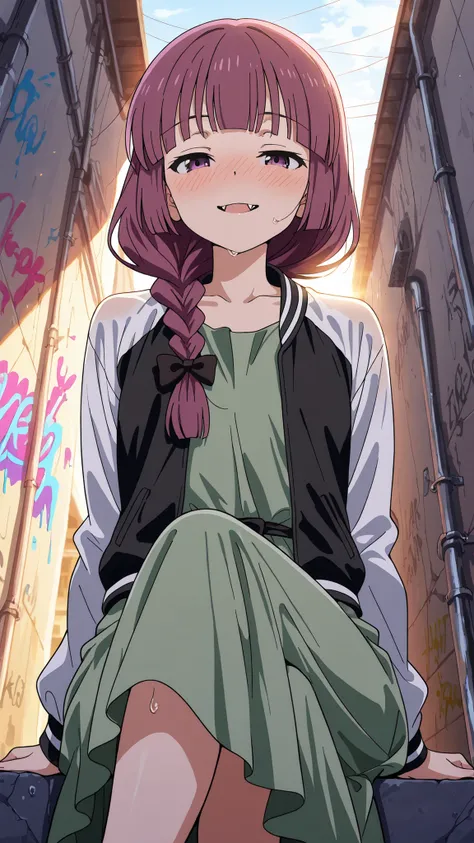 BREAK (masterpiece:1.2),highly detailed realistic anime background, narrow urban alley, daylight scene with wet reflective asphalt, colorful graffiti on concrete walls, small puddles with bright sky reflections, metallic pipes and vents, warm sunlight brea...