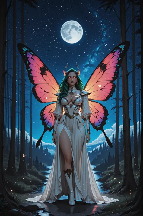 aidmaMJ6.1,x3rno1a,,a picture of an exquisite beautiful female fairy standing under the starry night sky at the forest, ultra detailed face, ultra feminine, fare skin, green hair, wavy hair, dynamic eyes color, glowing eyes, intense eyes, red lips, wearing...