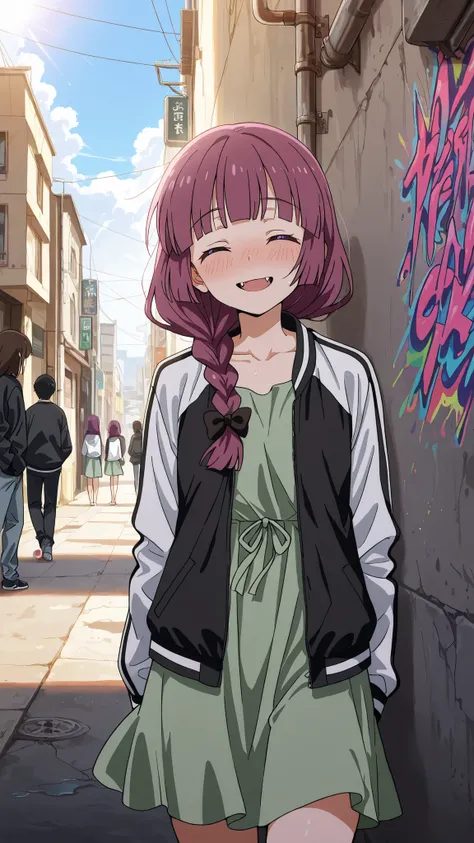 BREAK (masterpiece:1.2),highly detailed realistic anime background, narrow urban alley, daylight scene with wet reflective asphalt, colorful graffiti on concrete walls, small puddles with bright sky reflections, metallic pipes and vents, warm sunlight brea...