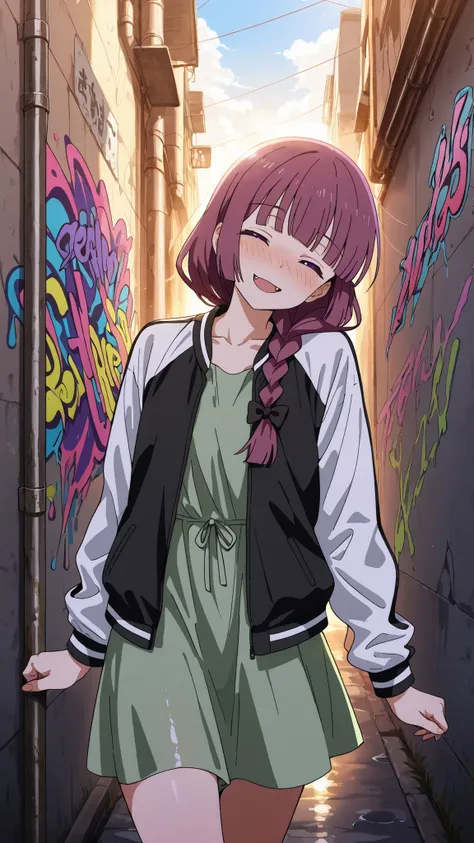 BREAK (masterpiece:1.2),highly detailed realistic anime background, narrow urban alley, daylight scene with wet reflective asphalt, colorful graffiti on concrete walls, small puddles with bright sky reflections, metallic pipes and vents, warm sunlight brea...