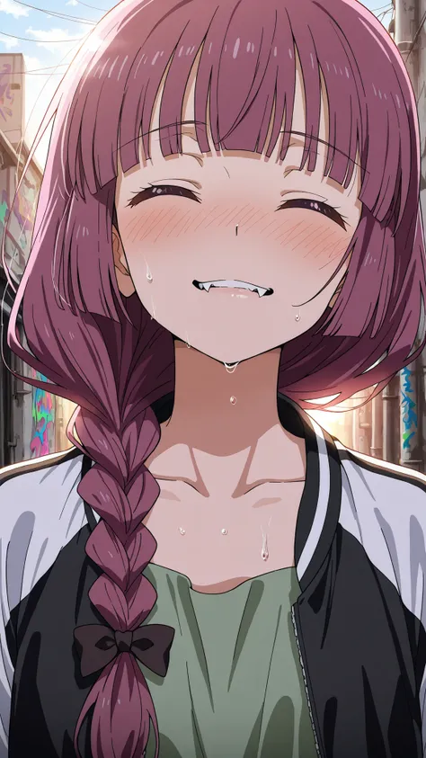 BREAK (masterpiece:1.2),highly detailed realistic anime background, narrow urban alley, daylight scene with wet reflective asphalt, colorful graffiti on concrete walls, small puddles with bright sky reflections, metallic pipes and vents, warm sunlight brea...