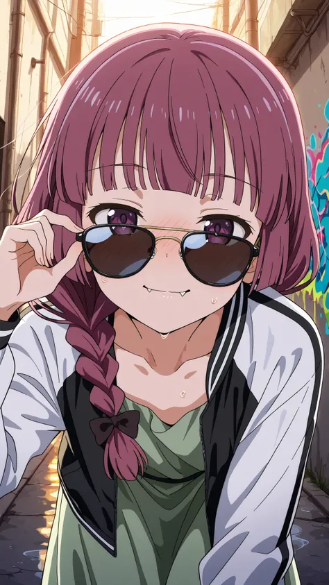 BREAK (masterpiece:1.2),highly detailed realistic anime background, narrow urban alley, daylight scene with wet reflective asphalt, colorful graffiti on concrete walls, small puddles with bright sky reflections, metallic pipes and vents, warm sunlight brea...