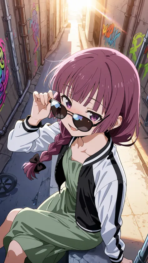 BREAK (masterpiece:1.2),highly detailed realistic anime background, narrow urban alley, daylight scene with wet reflective asphalt, colorful graffiti on concrete walls, small puddles with bright sky reflections, metallic pipes and vents, warm sunlight brea...