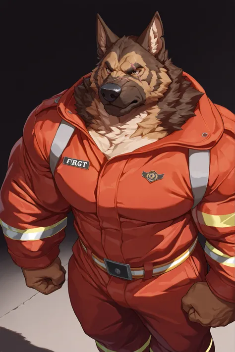 solo, masterpiece:1.3, wide angle, muscular man, furry dog, German shepherd, firefighter, firefighter uniform, firm, serious, strong, standing, half body, scar on face, highly detailed, 8k, semi realistic, Anatomically Correct, Best Quality, Textured Skin,...