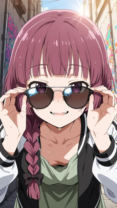 BREAK (masterpiece:1.2),highly detailed realistic anime background, narrow urban alley, daylight scene with wet reflective asphalt, colorful graffiti on concrete walls, small puddles with bright sky reflections, metallic pipes and vents, warm sunlight brea...