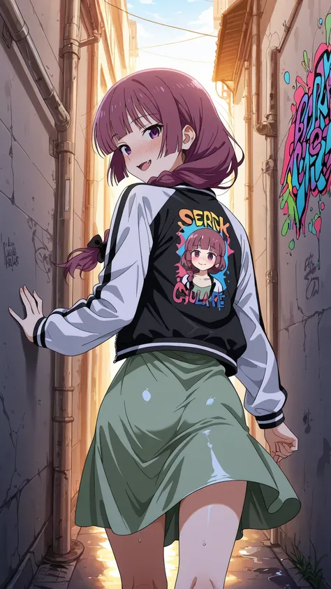 BREAK (masterpiece:1.2),highly detailed realistic anime background, narrow urban alley, daylight scene with wet reflective asphalt, colorful graffiti on concrete walls, small puddles with bright sky reflections, metallic pipes and vents, warm sunlight brea...