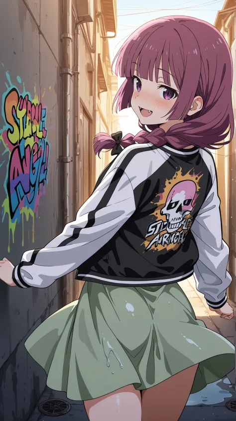 BREAK (masterpiece:1.2),highly detailed realistic anime background, narrow urban alley, daylight scene with wet reflective asphalt, colorful graffiti on concrete walls, small puddles with bright sky reflections, metallic pipes and vents, warm sunlight brea...