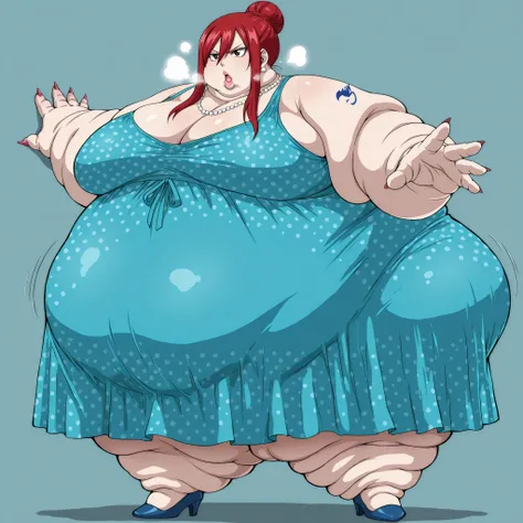 erza scarlet, red hair, hair between eyes, brown eyes, tattoo, dark eyes, top hair bun, giant top hair bun, 90s dress, polka dot dress, high heels, long nails, makeup, lipstick, big lips, plump lips, thick lips, jewelry, Pearl necklace, fat, chubby, obese,...