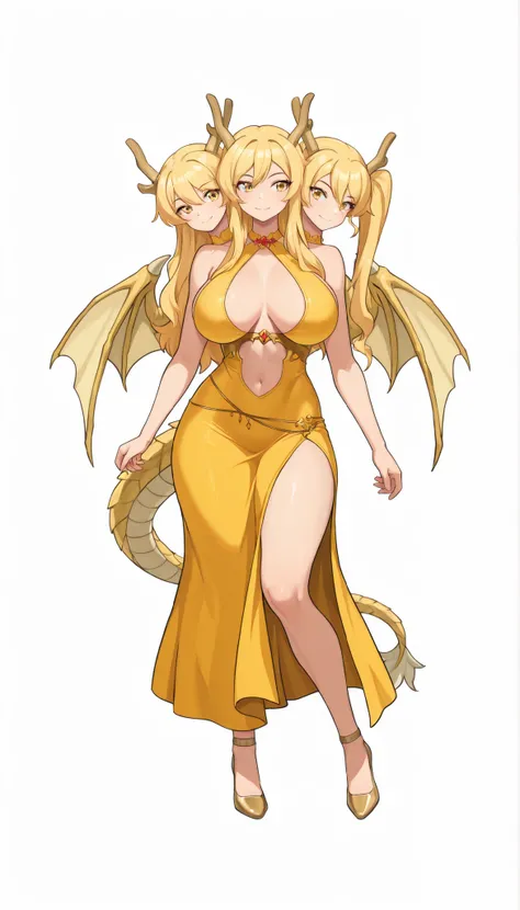 (masterpiece) , (ultra-detailed) , (high quality) , (high resolution) , (best quality:1 . 5 , highres , UHD) , highres , absurdo , ultra detail , ultra quality , Ultra resolution , 16k ,anime girl with three heads, (long blond hair), yellow eyes, yellow dr...