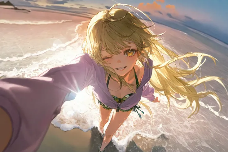 yoyi,(golden eyes,cream Ivory-color pupils,tareme,delicate eyebrows,Thin eyebrows,one eye closed),(lips ajar,parted lips,happy,joyful,innocent),(pure yellow hair,long hair),(halter top bikini:white,light-purple hoodie,cover hair),highres,absurdres,incredib...