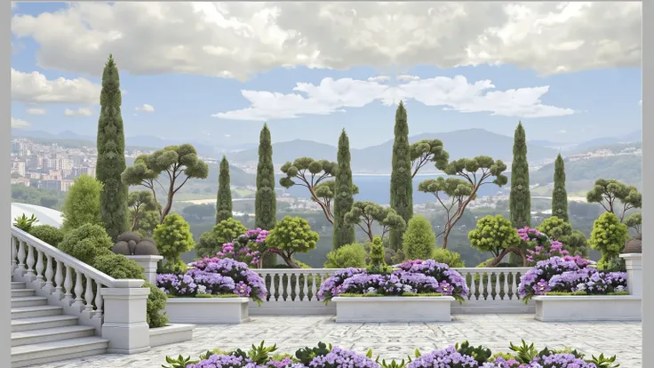 Subtropical waterfront, tiled surface, classic balusters, cypresses and sprawling bushes with pink flowers.