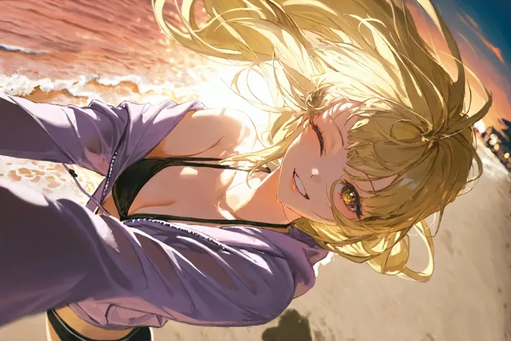 yoyi,(golden eyes,cream Ivory-color pupils,tareme,delicate eyebrows,Thin eyebrows,one eye closed),(lips ajar,parted lips,happy,joyful,innocent),(pure yellow hair,long hair),(halter top bikini:white,light-purple hoodie,cover hair),highres,absurdres,incredib...