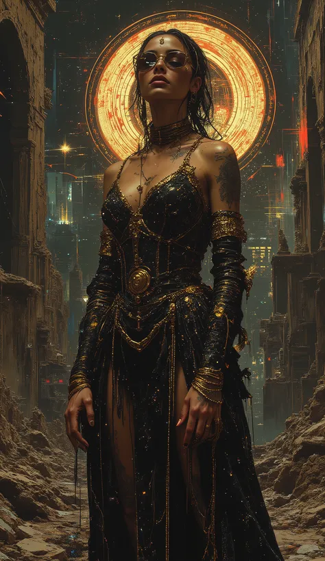 In the style of Neon glitch mosaic surrealism, we see a photo-realistic bizarre portrait of a beautiful, and Charismatic caucasian half black lady of mixed heritage bearing a large gap toothed infectious smile between dimpled cheeks, graceful yet an outca...