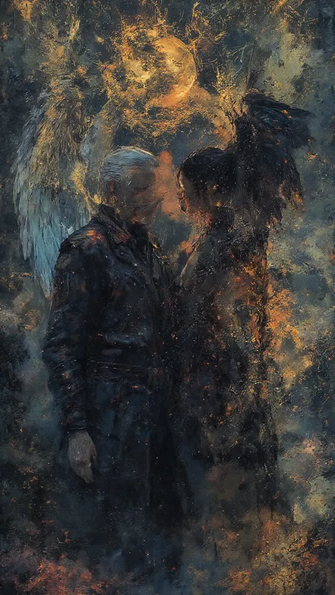 Done in a balanced, fluid, gothic style that expresses the harmony of opposites that dance around these 2.
A captivating portrait shows an angel and a demon in stark opposition. On the left, a 40 year old clean shaven man with short white hair and aquilin...