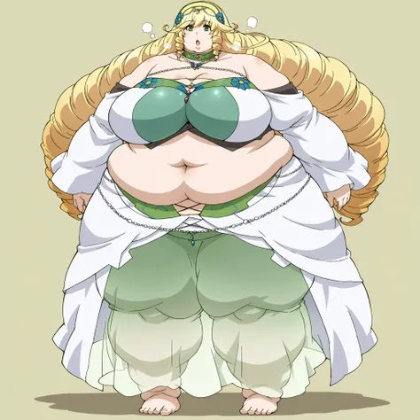 Sofya_O, 1girl,solo,blonde hair, green eyes,long drill hair,flower hairband,tiara,
jewellery necklaces, choker, bare shoulders top,navel, detached sleeves,sarong,see-through skirt, very gigantic breasts, deep clevage, breasts, fat, chubby, obese, fat neck,...