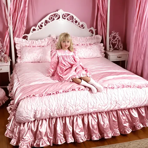 ((big bedの上のかわいい女の子)),((Childhood )),((Little Girl)),short,((white Americans, long blonde,detailed faces)),cute face,plump quilted pink silk satin nightgown,((lots of frills and ribbon decorations)),long sleeve,ruffle sleeve, ((frill long skirt:1.0)),white...