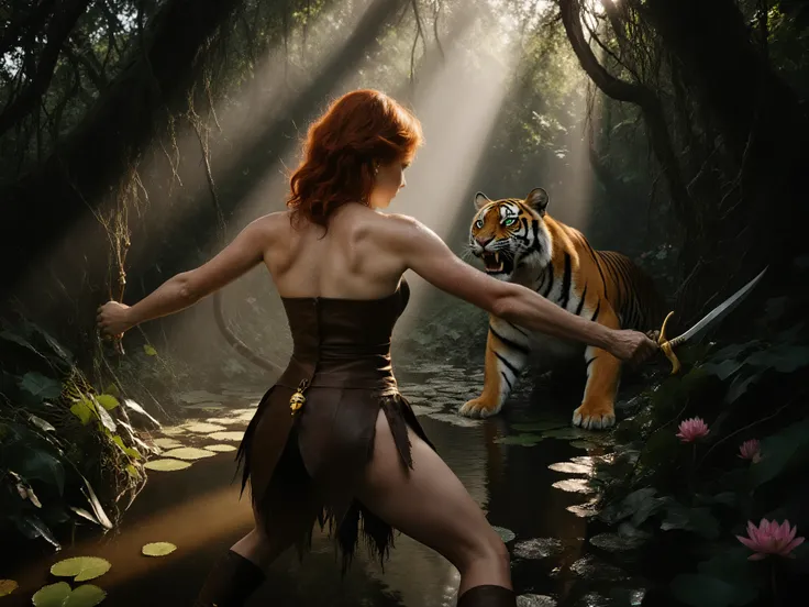 An ultra realistic photograph captures a tense, primal standoff in the heart of a dense, mist-shrouded jungle. Saffron, A busty red-haired woman, her bronzed skin glistening with sweat, stands poised in a wide, balanced stance, with her back to the camera ...
