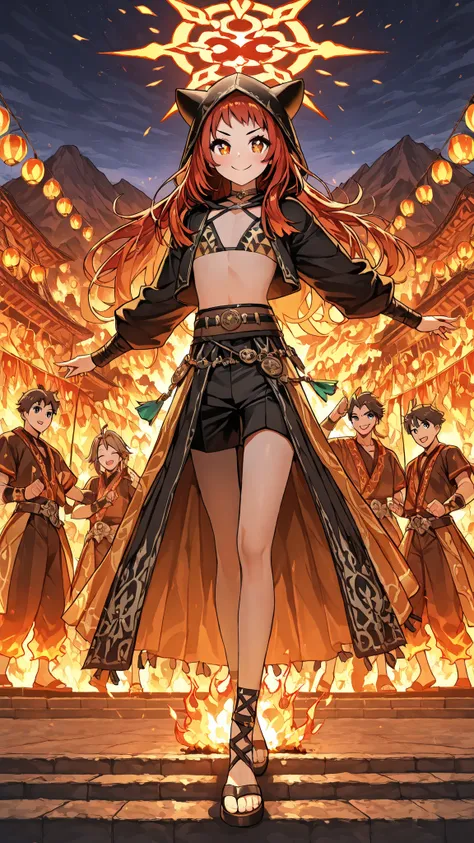 High Quality, Masterpiece, Ultra High Definition, Raise torches at the summer night fire festival, A Man's Daughter, Neutral and Vibrant Faces, Big Amber Eyes, long lashes, The expression that made me flush, semi-long hair, Traditional Festival Costumes, S...