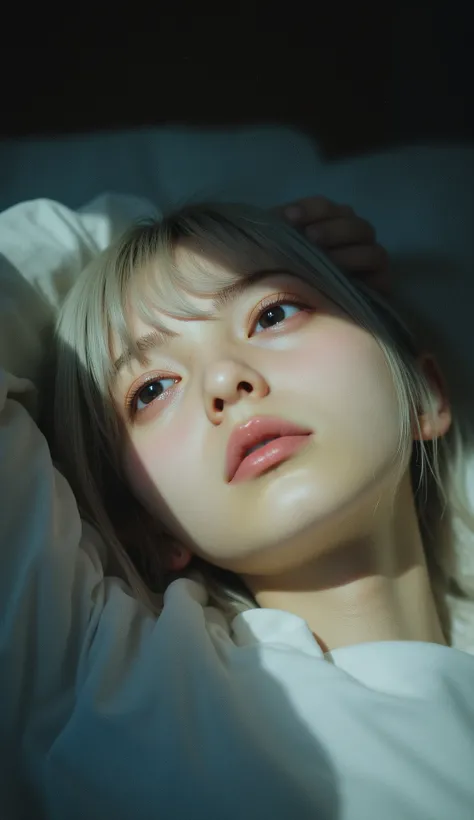 clear_note, from above. Scrawny petite delicate thin 14yo sleepless girl. she is lying on her back in bed, but she can't sleep no matter how hard she try. she is looking up at the ceiling, she opened her eyes wide with placing her arm on her forehead, deep...