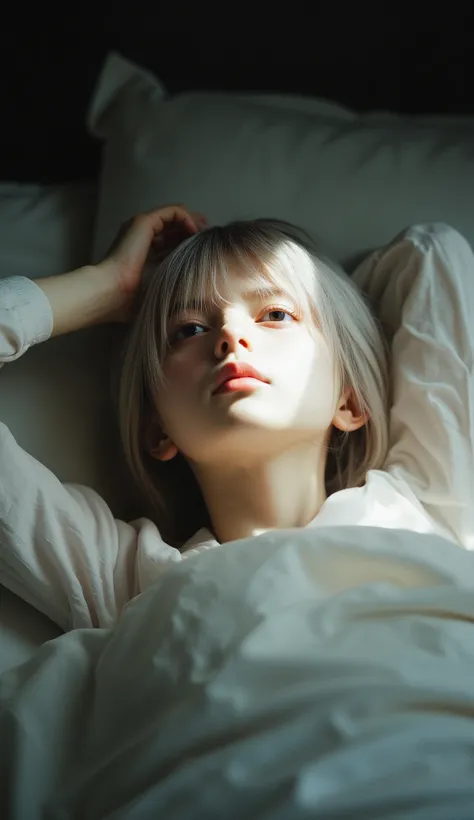 clear_note, from above. Scrawny petite delicate thin 14yo sleepless girl. she is lying on her back in bed, but she can't sleep no matter how hard she try. she is looking up at the ceiling, she opened her eyes wide with placing her arm on her forehead, deep...