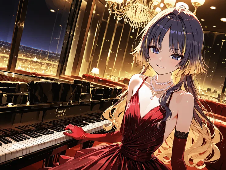 High Quality, Masterpiece, Ultra High Definition, A girl wearing crimson velvet gloves playing the piano in a luxury hotel lounge, neutral, graceful face, large dark blue eyes, long lashes, Euphoric Face, semi-long hair,  She has dark hair with blonde high...