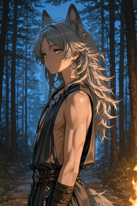 masterpiece, best quality, highly detailed eyes, man, cool, boyish, handsome, fit, toned, long messy hair, 5:5 parted bangs, gray hair, upper body, expressionless, wolf ears, wolf tail, simple silver earrings, golden eyes, sharp-looking eyes, ears hidden b...