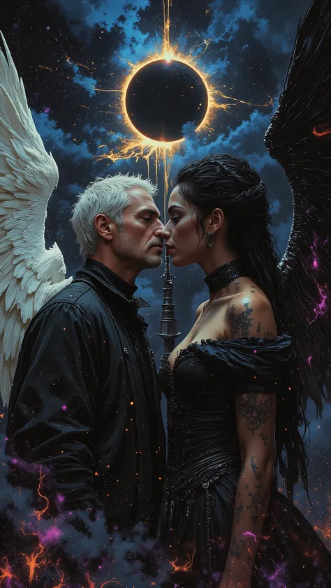 Done in a balanced, fluid, gothic style that expresses the harmony of opposites that dance around these 2.
A captivating portrait shows an angel and a demon in stark opposition. On the left, a 40 year old clean shaven man with short white hair and aquilin...
