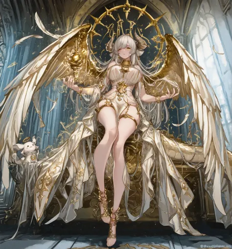 A mythical and powerful hybrid creature with a female humanoid form, featuring majestic ram-like horns and shimmering white scales. Curvy body, mature women body, big breasts, long model legs, tiny waist. The creature has glowing golden eyes and an intrica...