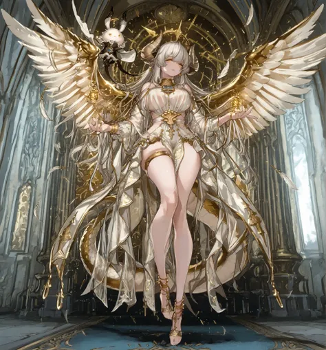 A mythical and powerful hybrid creature with a female humanoid form, featuring majestic ram-like horns and shimmering white scales. Curvy body, mature women body, big breasts, long model legs, tiny waist. The creature has glowing golden eyes and an intrica...