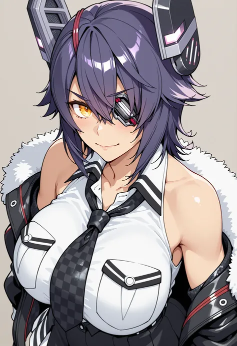 Tenryuu kai ni \(kancolle\), white fur-trimmed black jacket, collared white shirt, sleeveless, checkered necktie, black skirt, eyepatch, mechanical headgear