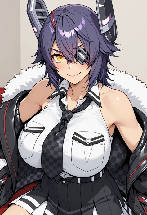 Tenryuu kai ni \(kancolle\), white fur-trimmed black jacket, collared white shirt, sleeveless, checkered necktie, black skirt, eyepatch, mechanical headgear