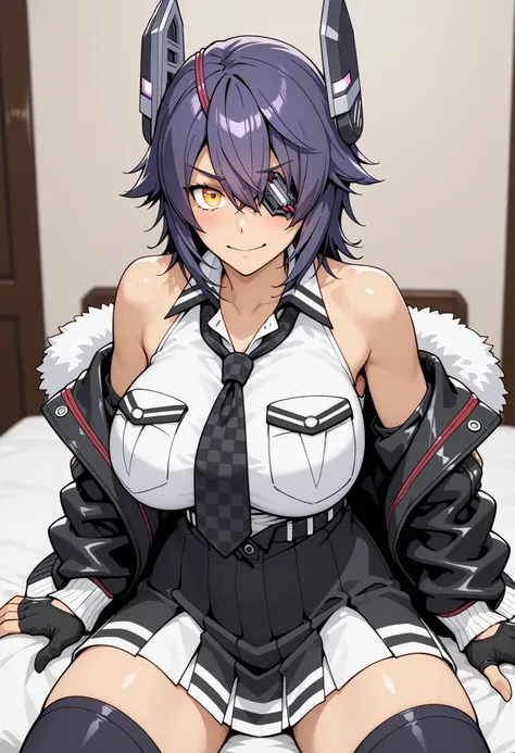 Tenryuu kai ni \(kancolle\), white fur-trimmed black jacket, collared white shirt, sleeveless, checkered necktie, black skirt, eyepatch, mechanical headgear
