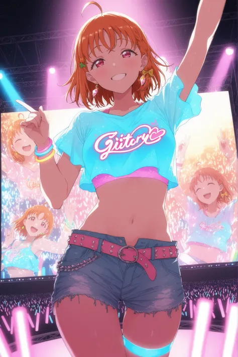 liz_(piyoko_piyop), takami chika, orange hair,lively music festival stage, vibrant neon lasers, ecstatic colorful crowd, front view ,colorful lights, cinematic lighting, dynamic composition, HDR, playful smile, festival-themed outfits, glittery pink and bl...