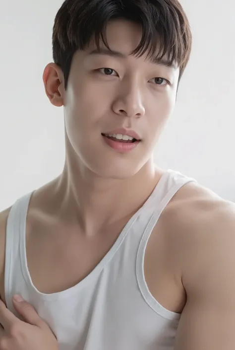 (Photorealistic:1.4, ultra realistic, high quality, highly detailed, detailed face, 4k, masterpiece:1.2), create a photo of Wi Ha-Joon modeling in a photo studio with a white backdrop, close up portrait image, he is wearing a white tank top, Calvin Klein a...