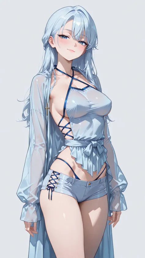 (masterpiece), best quality, expressive eyes, perfect face,1 girl, young woman, short hairs, gold eyes, looking at viewer, seductive pose, serious, medium breasts, (( blue micro bralette, halterneck, sideless, cross laced, blue thong, high leg, robe, sheer...