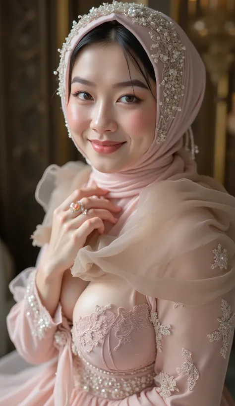 hyper HD, Masterpiece, Textured skin, 4K, Best quality of potrait a Beautiful hijab asian woman white fairy skin wearing dress , close-up half body , perfect hijab, detail veil , hyper realistic scarf and ornate on her side big back head hijab on likely hi...