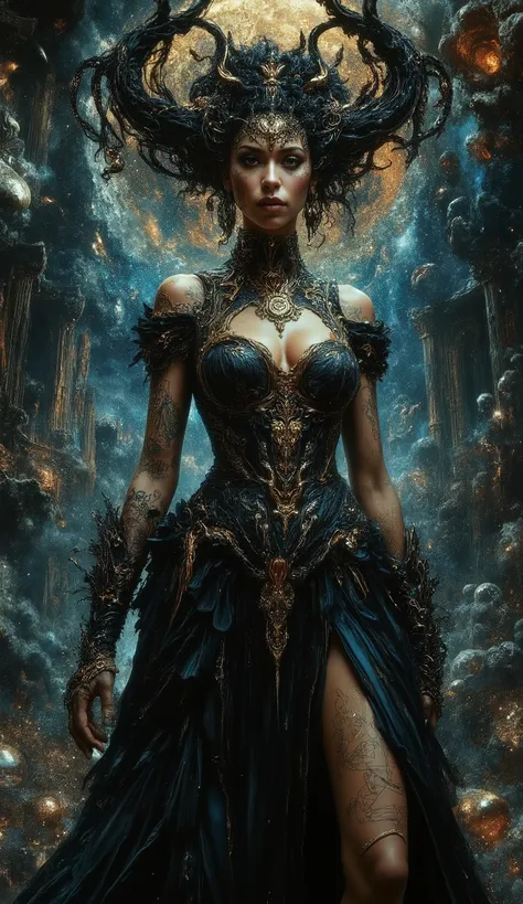 Impressionist surrealism, photo-realistic bizarre portrait of a beautiful, majestic caucasian half-Black lady—graceful yet an outcast, radiating eldritch aura and supernatural mystery. Deep golden-brown skin glows with lifelike detail. She stands in a dram...