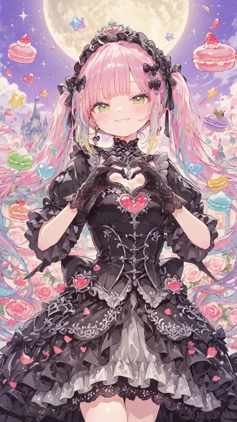 Ultra-cute Harajuku vampire princess on a moonlit gothic castle balcony, pure Kyary Pamyu Pamyu candy-pop fantasy. She has enormous sparkling magenta eyes with heart and star highlights, tiny playful fangs, sweet mischievous smile, pastel cotton-candy pink...