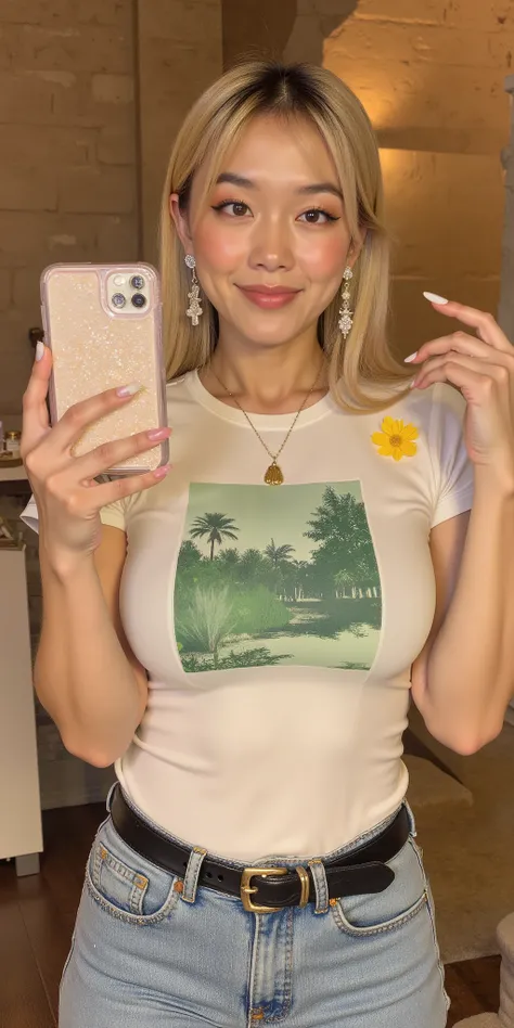 A stylish asian woman taking a mirror selfie indoors. She has **smooth light skin, straight blonde hair**, and **glamorous makeup** — rosy cheeks, defined eyebrows, matte nude-pink lips, and sharp eyeliner. She wears **elegant dangling earrings** and a **...