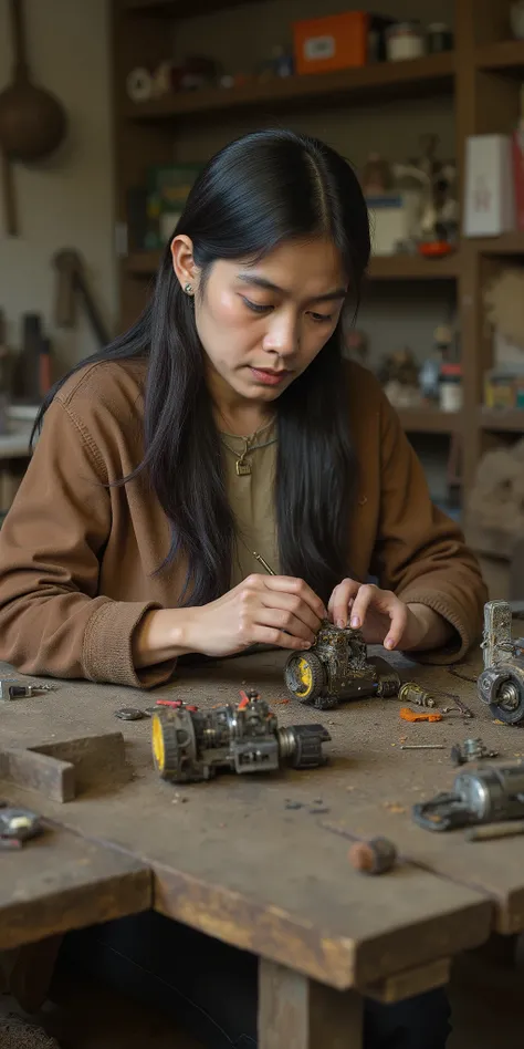 A woman in a workshop. Sitting at a bench fixing a toy. She is fully absorbed in her work. Realistic.
