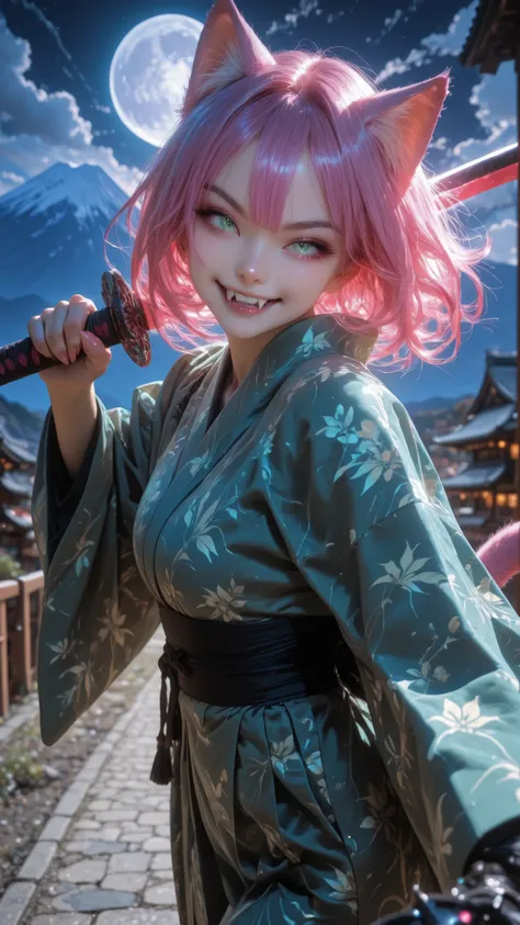 action pose, dynamic pose, Dynamic action, dynamic angles, dynamic perspective, dynamic color, dynamic light, holding weapon,SFW, perfect anatomy, fine trait, best quality, ultra detailed, 1girl (kimono neko girl), cat tail, smile with fangs, claws, pink h...