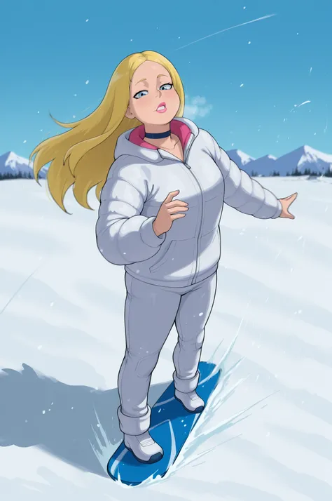 Francine Smith, looking at viewer, pink lipstick, choker, Blonde hair, small breasts. long hair. blonde hair, |  A character carves through snowy waves on a snowboard, embracing the rush of speed and freedom. They wear a modern winter ski suit in bold colo...