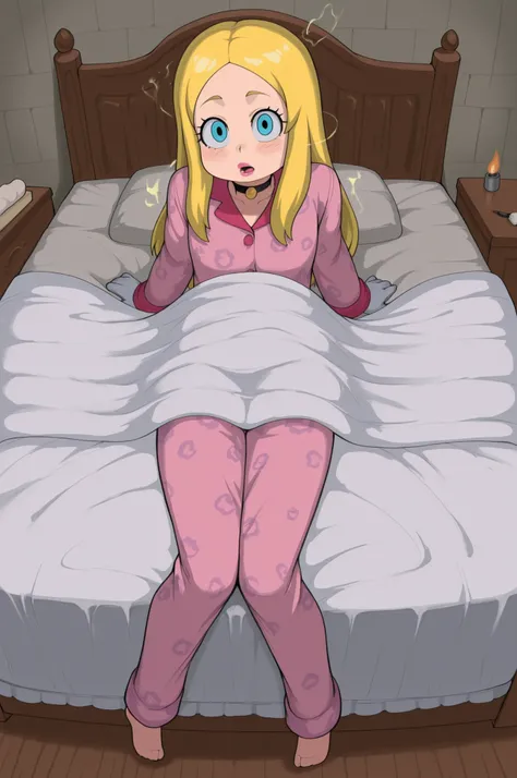 Francine Smith, looking at viewer, pink lipstick, choker, Blonde hair, small breasts. long hair. blonde hair, |  A character in oversized, soft pajamas reaches into an ornate wooden chest in a dimly lit bedroom. Inside lies a pair of velvet gloves with an ...