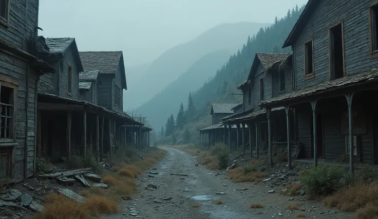 “Abandoned ghost-town buildings hidden in a mountain hollow, windows black and empty, silhouettes of small figures barely visible among structures; eerie atmospheric 8K.” 
